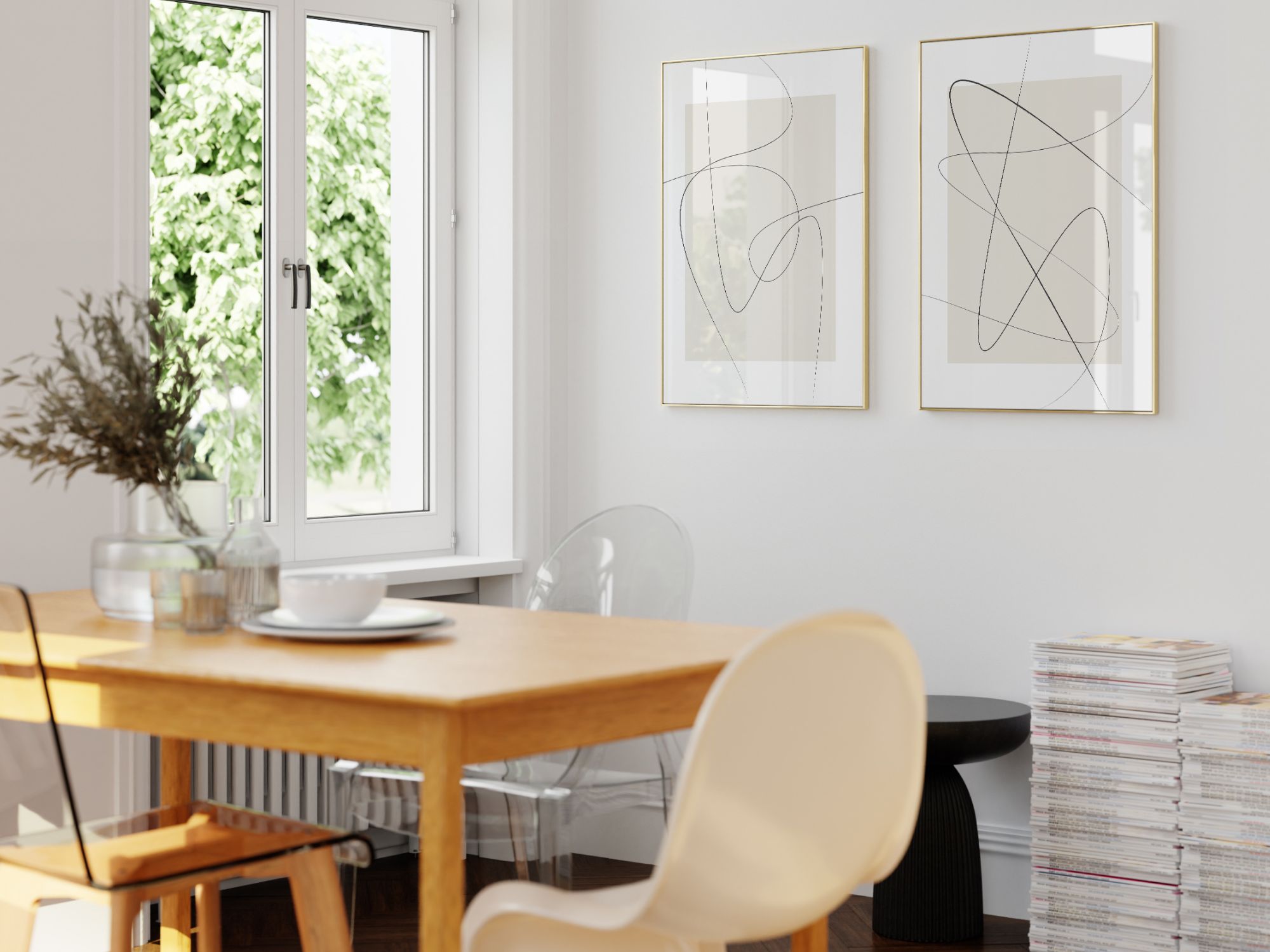 homepage website set of two abstract art prints in a dining room