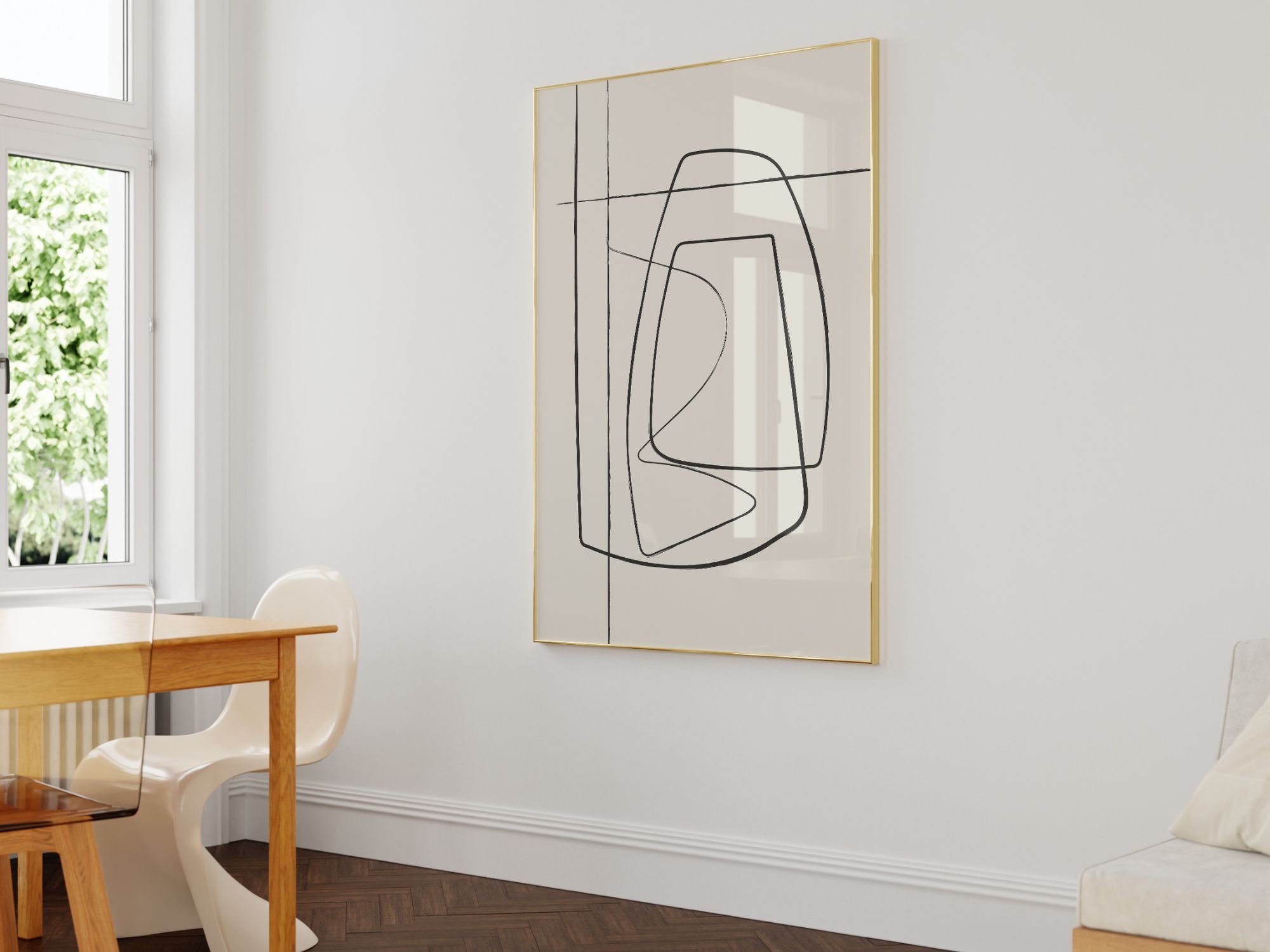 dining room with beige abstract art on wall